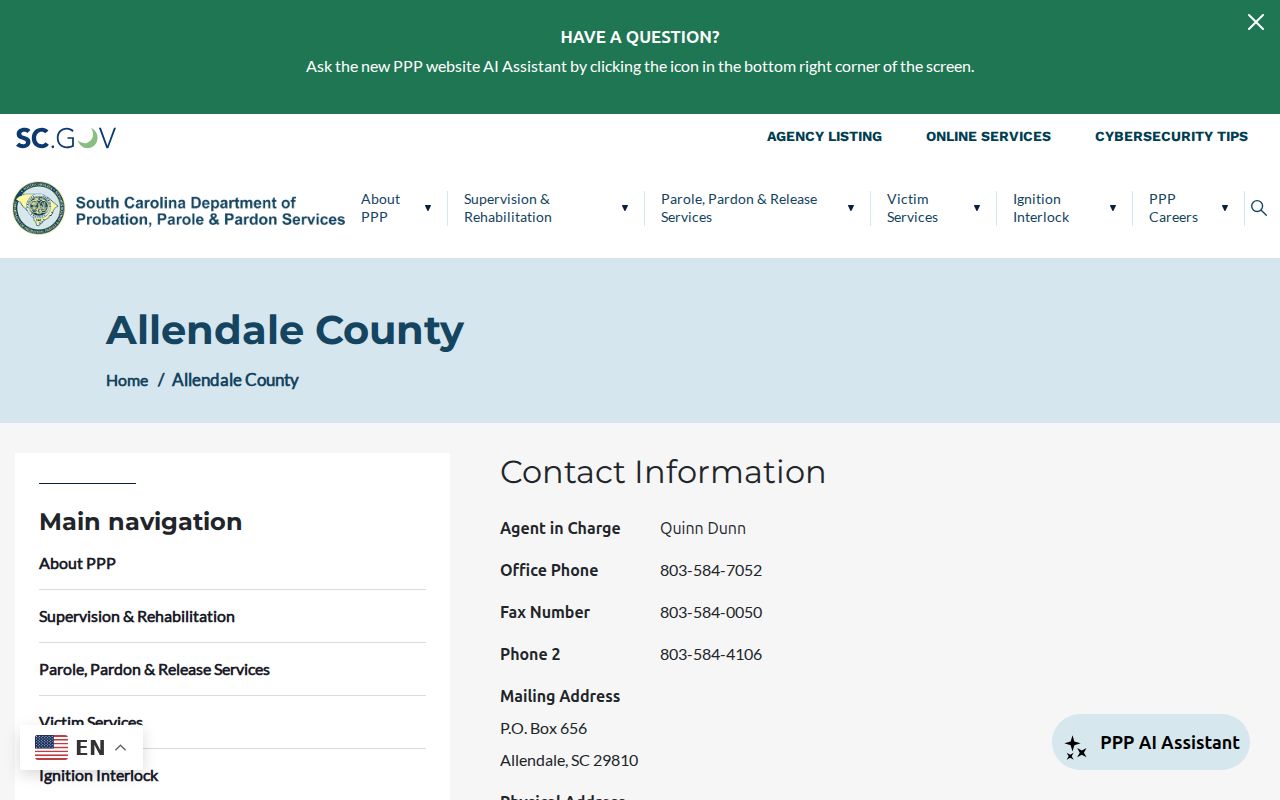 Allendale County criminal history probation and parole office